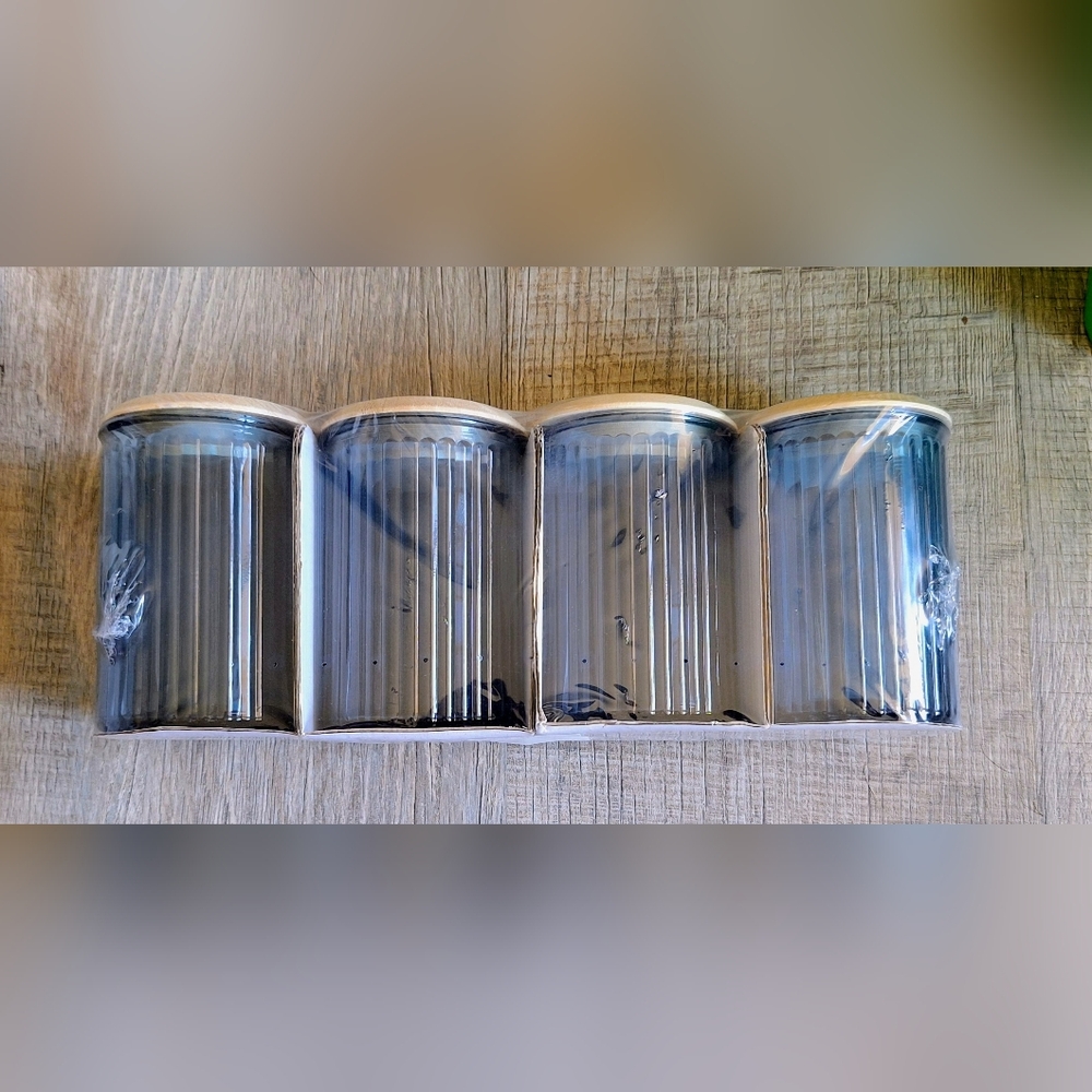 Set of 4 Blue Ribbed Glass Jars